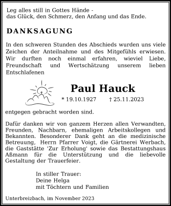 Traueranzeige von Paul Hauck von Südthüringer Presse