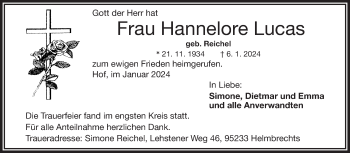 Traueranzeige von Hannelore Lucas von Frankenpost