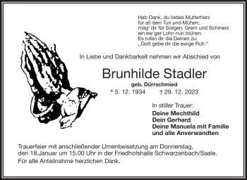 Traueranzeige von Brunhilde Stadler von 80048