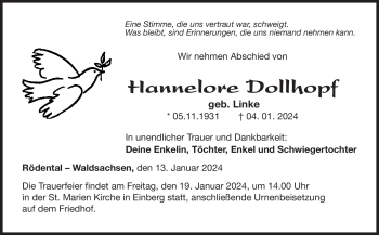 Traueranzeige von Hannelore Dollhopf von 80048