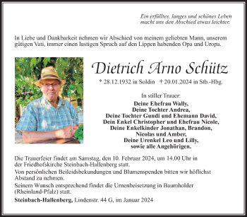 Traueranzeige von Dietrich Schütz von Südthüringer Presse