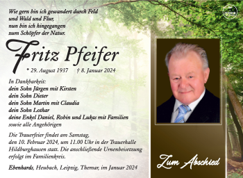 Traueranzeige von Fritz Pfeifer von Südthüringer Presse
