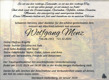 Traueranzeige von Wolfgang Menz von 80048