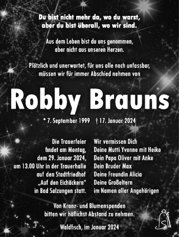 Traueranzeige von Robby Brauns von Südthüringer Presse