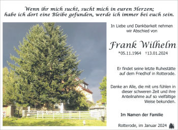 Traueranzeige von Frank Wilhelm von Südthüringer Presse