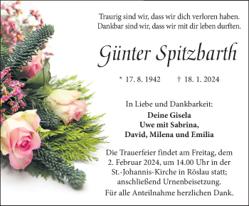 Traueranzeige von Günter Spitzbarth von Frankenpost
