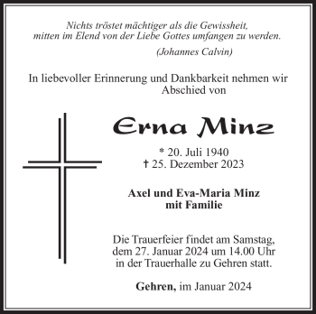 Traueranzeige von Erna Minz von 80048