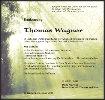 Traueranzeige von Thomas Wagner von Südthüringer Presse