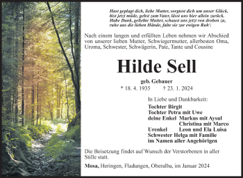 Traueranzeige von Hilde Sell von Südthüringer Presse