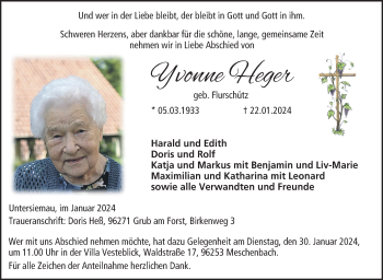 Traueranzeige von Yvonne Heger von Neue Presse Coburg