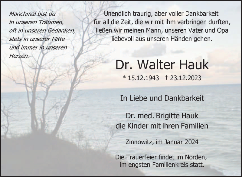  Traueranzeige für Walter Hauk vom 06.01.2024 aus 80048
