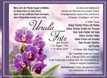 Traueranzeige von Ursula Fritz von Südthüringer Presse