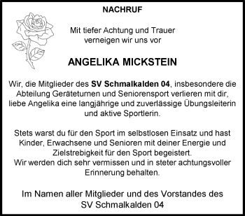 Traueranzeige von Angelika Mickstein von Südthüringer Presse