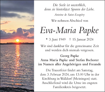 Traueranzeige von Eva-Maria Papke von Südthüringer Presse