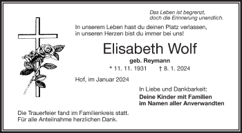 Traueranzeige von Elisabeth Wolf von Frankenpost