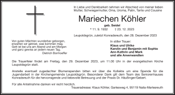 Traueranzeige von Mariechen Köhler von Frankenpost