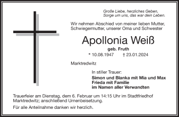 Traueranzeige von Apollonia Weiß von Frankenpost