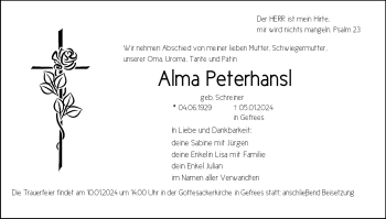 Traueranzeige von Alma Peterhansl von 80048
