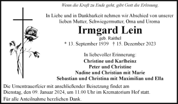 Traueranzeige von Irmgard Lein von 80048