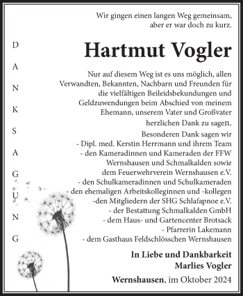 Traueranzeige von Hartmut Vogler von Südthüringer Presse