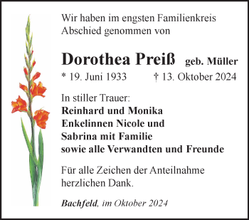 Traueranzeige von Dorothea Preiß von Südthüringer Presse
