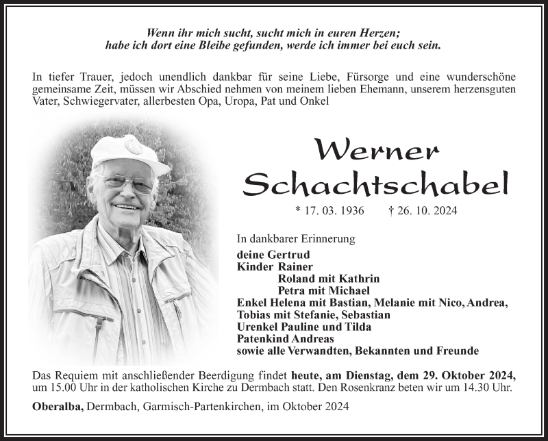  Traueranzeige für Werner Schachtschabel vom 29.10.2024 aus Südthüringer Presse
