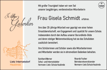 Traueranzeige von Gisela Schmidt von Südthüringer Presse