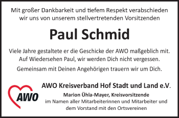 Traueranzeige von Paul Schmid von Frankenpost