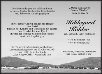 Traueranzeige von Hildegard Köhler von Südthüringer Presse