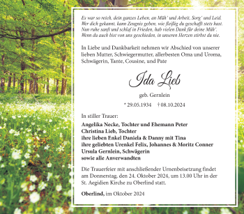 Traueranzeige von Ida Lieb von Südthüringer Presse