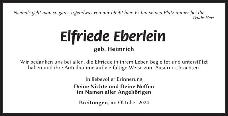  Traueranzeige für Elfriede Eberlein vom 26.10.2024 aus Südthüringer Presse