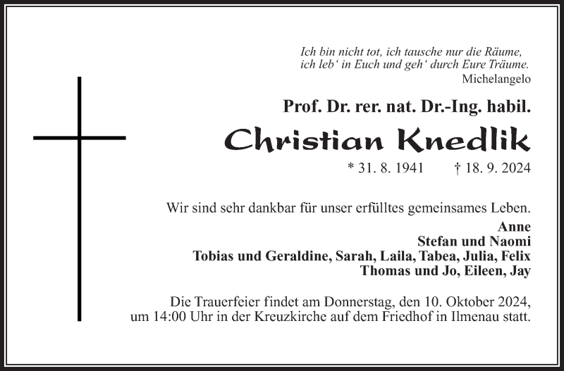  Traueranzeige für Christian Knedlik vom 05.10.2024 aus Südthüringer Presse