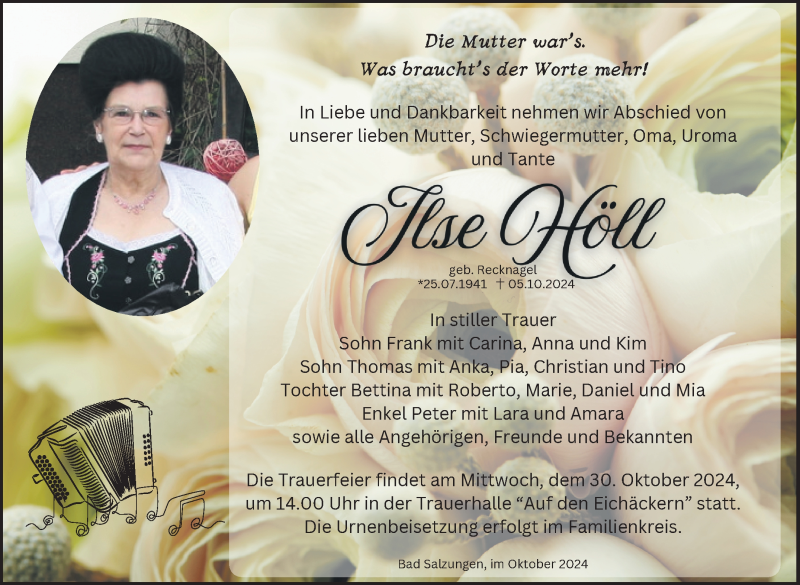  Traueranzeige für Ilse Höll vom 23.10.2024 aus Südthüringer Presse