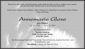 Traueranzeige von Annemarie Glose von Südthüringer Presse