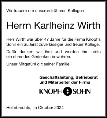 Traueranzeige von Karlheinz Wirth von Frankenpost