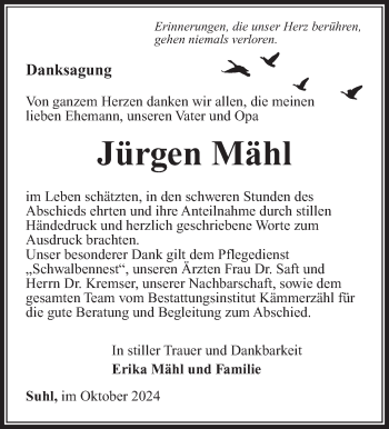 Traueranzeige von Jürgen Mähl von Südthüringer Presse