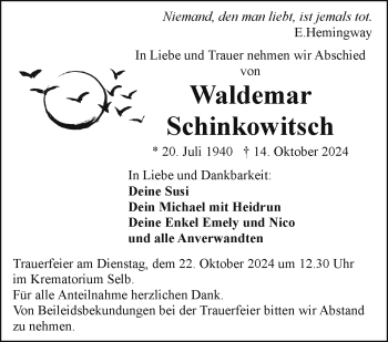 Traueranzeige von Waldemar Schinkowitsch von Frankenpost