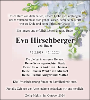 Traueranzeige von Eva Hirschberger von Südthüringer Presse