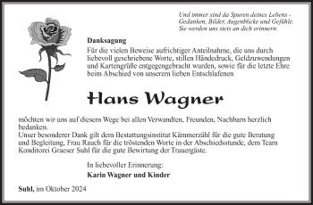 Traueranzeige von Hans Wagner von Südthüringer Presse