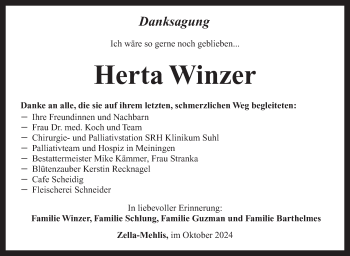 Traueranzeige von Herta Winzer von Südthüringer Presse