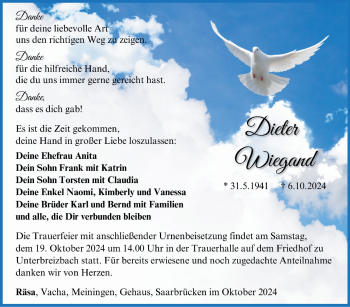 Traueranzeige von Dieter Wiegand von Südthüringer Presse
