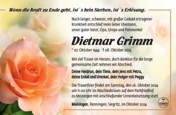 Traueranzeige von Dietmar Grimm von Südthüringer Presse