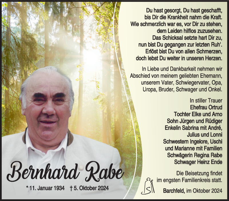  Traueranzeige für Bernhard Rabe vom 18.10.2024 aus Südthüringer Presse