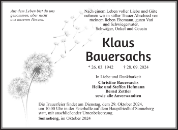 Traueranzeige von Klaus Bauersachs von Südthüringer Presse