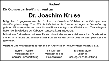 Traueranzeige von Dr. Joachim Kruse von Neue Presse Coburg