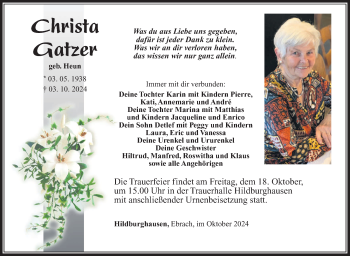 Traueranzeige von Christine Gatzer von Südthüringer Presse