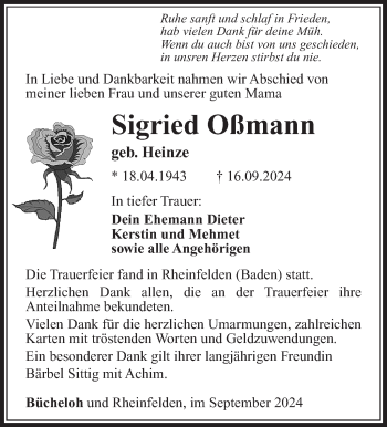 Traueranzeige von Siegrid Oßmann von Südthüringer Presse