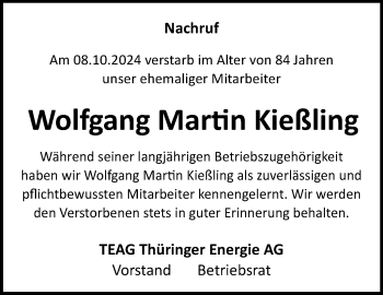 Traueranzeige von Wolfgang Martin Kießling von Südthüringer Presse