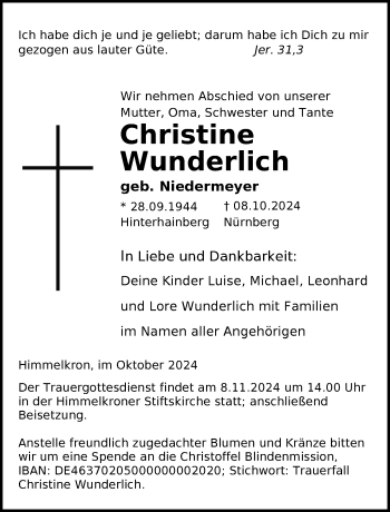 Traueranzeige von Christine Wunderlich von Frankenpost