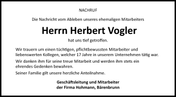 Traueranzeige von Herbert Vogler von Frankenpost
